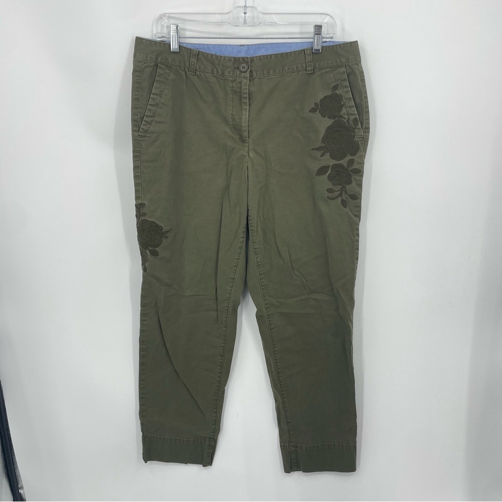 Talbots The Weekend Chino Olive Green Cropped Floral‎ Embroidery Size 12